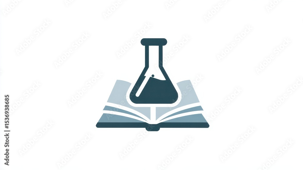 Poster laboratory flask above an open book, symbolizing science and education.