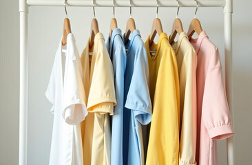 Colorful pastel shirts neatly hanging on wooden hangers on a clothing rack