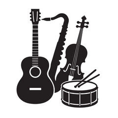 Fototapeta premium Musical Instruments Collection Featuring Guitar, Violin, Drum, and Saxophone