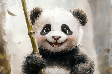 Playful baby panda holding bamboo in lush forest setting with happy expression