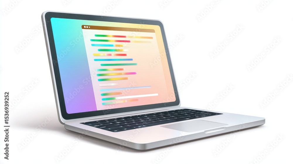Poster a modern laptop displaying colorful code on the screen, ideal for technology and digital work themes
