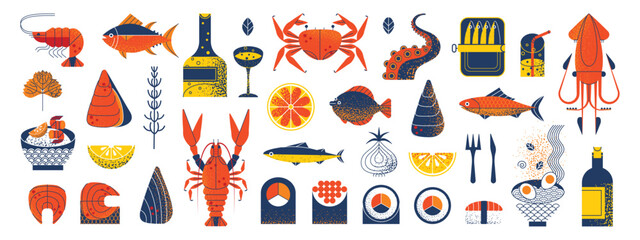 Modern geometric set seafood with fish, oyster, lobster