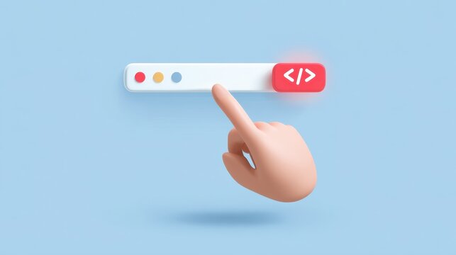 A hand pressing a button on a code editor interface, symbolizing programming or web development.