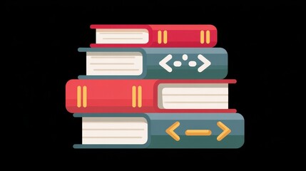 Colorful stack of books with visible spines, featuring a mix of red and blue covers, set against a black background.