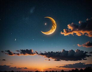 A crescent moon in the evening sky with clouds in the background