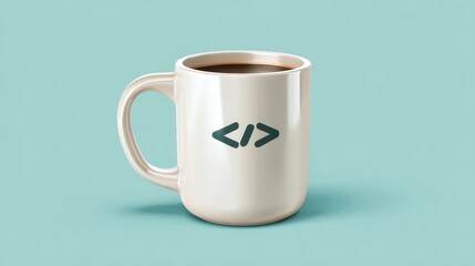 A stylish coffee mug featuring coding symbols, perfect for tech enthusiasts and programmers.