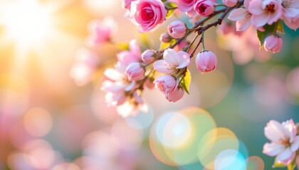 a serene garden scene with cherry blossoms in full bloom against a backdrop of sunlit sky, capturing the tranquility of springtime