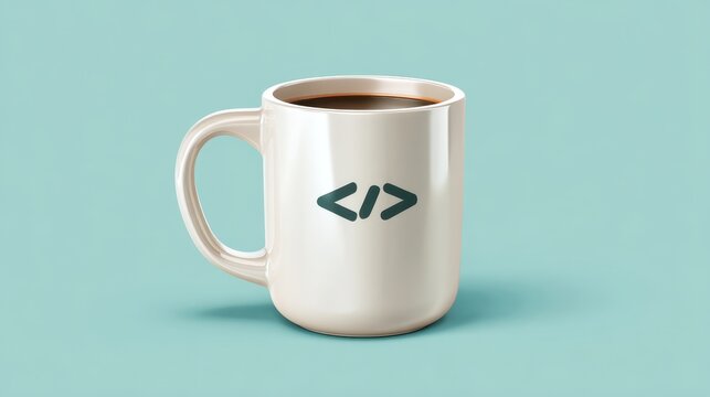 A stylish coffee mug featuring coding symbols, perfect for tech enthusiasts and programmers.