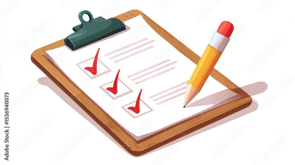 Aufkleber a clipboard with a checklist featuring three checked items and a pencil, symbolizing task completion