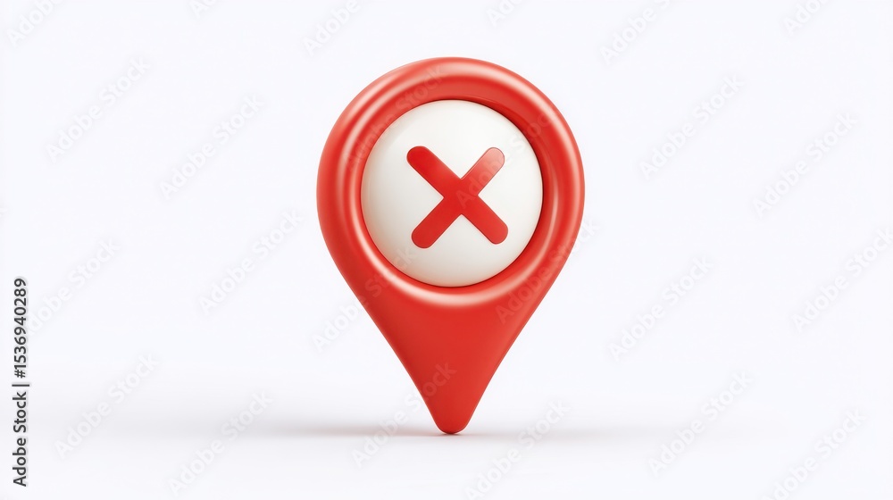 Poster red location pin with a white circle and a red cross, symbolizing a cancellation or error in navigat
