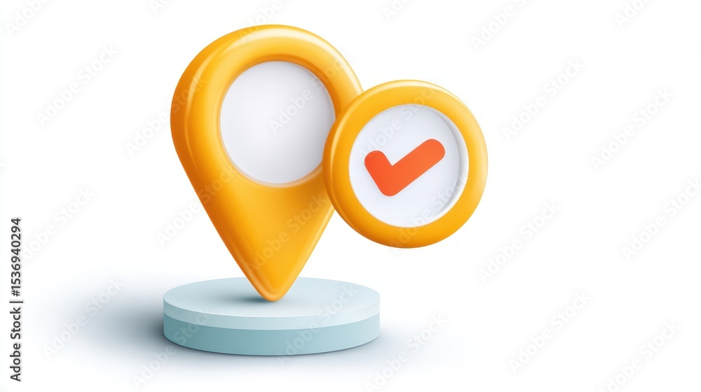 Poster 3d yellow location pin with a checkmark symbol, representing navigation and confirmation in a digita