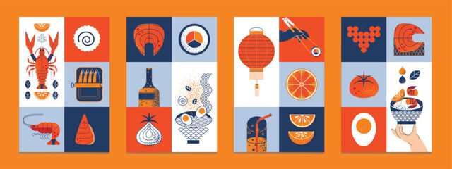 Posters modern geometric seafood with fish, oyster, lobster, shrimp