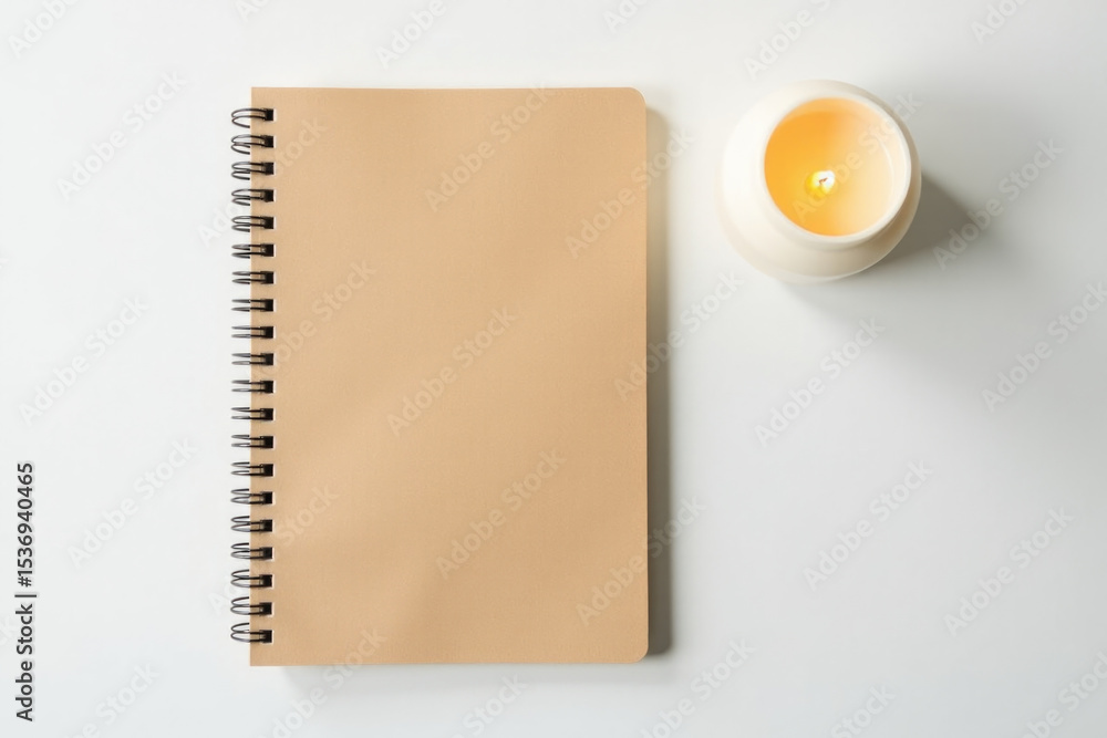 Poster a close-up of an open notebook with a lit candle on a white surface