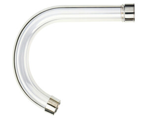 Clear curved glass tube with metal fittings on a transparent background