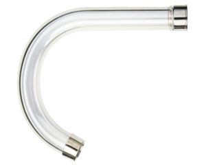 Clear curved glass tube with metal fittings on a transparent background