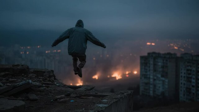 Urban Dreamer's Leap. A lone figure, silhouetted against the twilight sky, takes a daring leap over a cityscape of destruction, embodying resilience and the human spirit's power amidst turmoil.