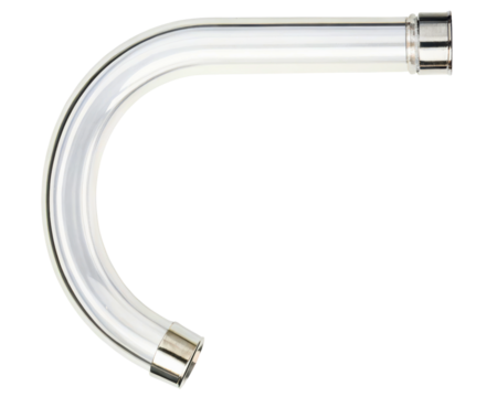 Clear curved glass tube with metal fittings on a transparent background