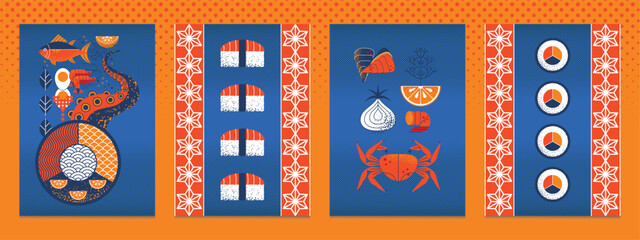 Posters modern geometric seafood with fish, octopus, crab