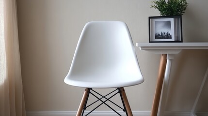 Minimalist White Background Product Shoot with Single Highlight: White Table & Chair, Framed Photo, Soft Lighting, Symmetrical Composition