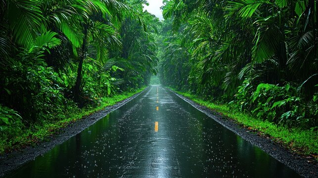A rain-soaked road winds through a lush, vibrant jungle