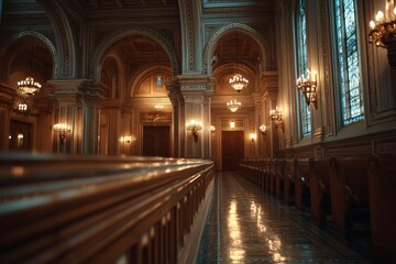 Fototapeta premium Elegant interior of a historic hall with ornate chandeliers and stained glass windows during early evening light