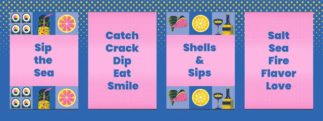 Posters modern geometric seafood with oysters, sushi, wine,