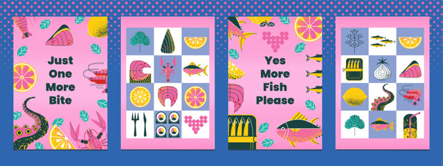 Posters modern geometric seafood with fish, oyster, lobster, octopus