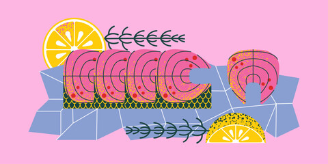 Seafood  geometric with  salmon, slices, lemon, ice
