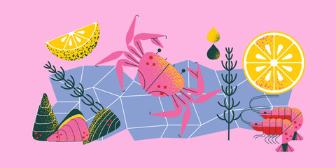 Seafood  geometric pattern with crab, oysters, shrimp, ice,