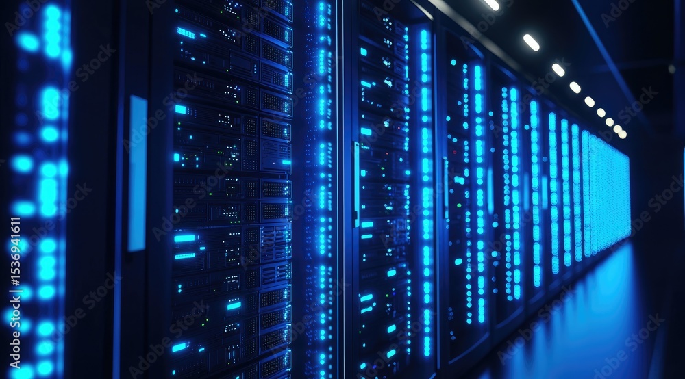 Poster Advanced data center interior with glowing blue server racks and overhead lighting, ideal for cloud computing, IT infrastructure, and secure digital storage solutions