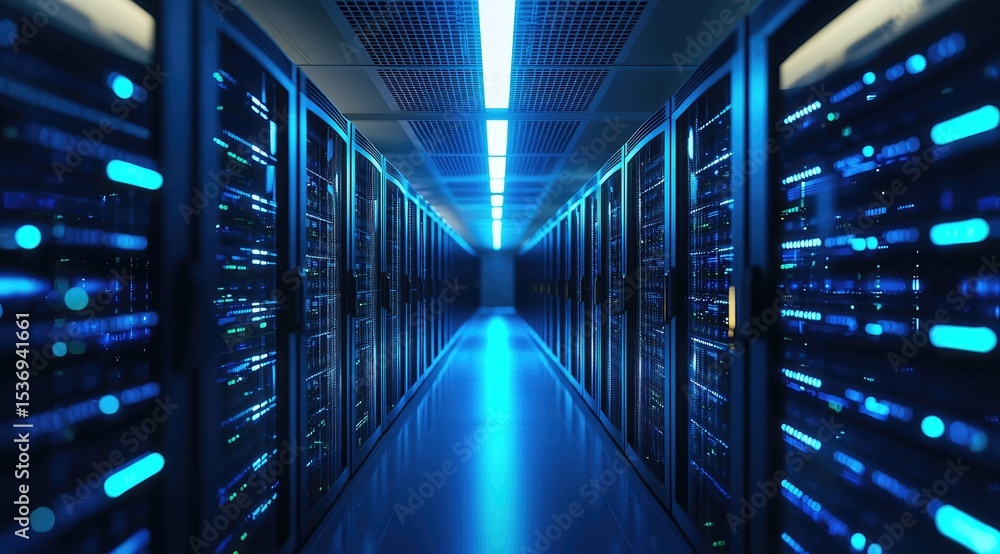 Poster high-tech data center corridor with glowing blue server racks and sleek lighting, ideal for cloud in