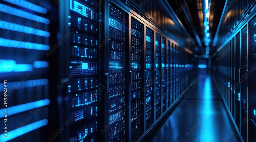 Poster high-tech data center corridor with glowing blue servers and sleek infrastructure, ideal for cloud s