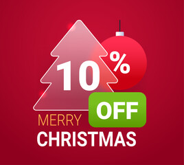 Glass morphism 10 percent off sale label. Merry Christmas vector discount illustration