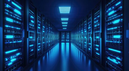 Fototapeta premium Symmetrical data center interior with glowing blue server racks and reflective floor, perfect for illustrating cloud computing, digital infrastructure, and cybersecurity systems