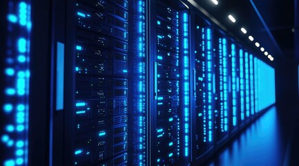 Obraz premium Advanced data center interior with glowing blue server racks and overhead lighting, ideal for cloud computing, IT infrastructure, and secure digital storage solutions