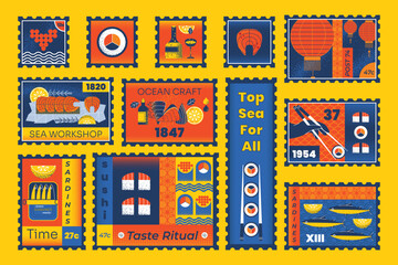 Retro vintage geometric postage stamps seafood, salmon, sushi