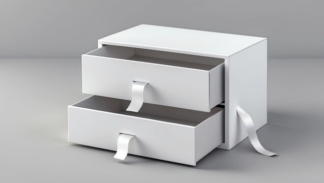 Realistic Package Cardboard Sliding drawer Box with ribbon pull on grey background. For small items, matches, and other things. 3d render illustration