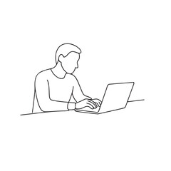 Focused Man Working on Laptop in Minimal Line Art Style