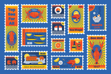 Retro vintage geometric postage stamps seafood with lobster, fish, shrimp,