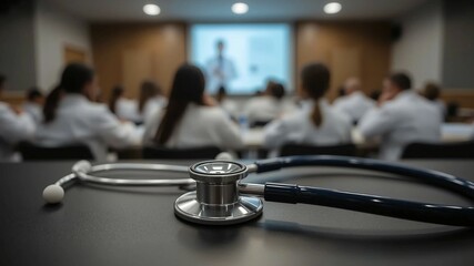 Close up of stethoscope on table with background of conference room full of doctors and medical personnel listening to medical presentation