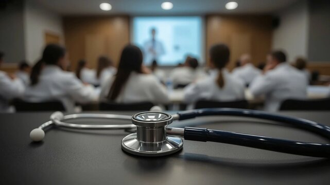 Close up of stethoscope on table with background of conference room full of doctors and medical personnel listening to medical presentation