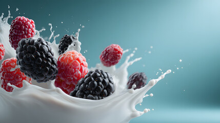 Juicy Blackberries and Raspberries Splashing into Thick White Yogurt or Milk on a Soft Teal Background