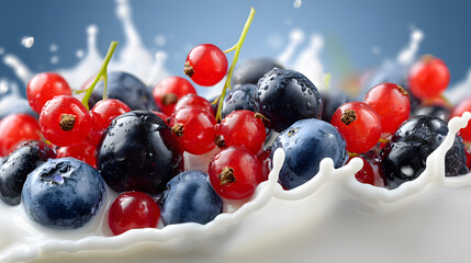 Juicy Blackberries and Raspberries Splashing into Thick White Yogurt or Milk on a Soft Teal Background