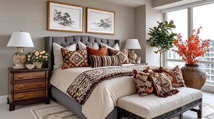 Stylish city bedroom with cultural accent details high resolution image