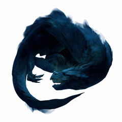 Majestic Coiled Dragon, Mystical Creature in Dark Blue Hues