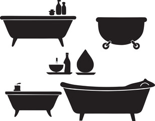 A collection of stylized bathroom interior designs, featuring various modern fixtures like tubs, sinks, and toilets, presented with clean lines and contemporary aesthetics