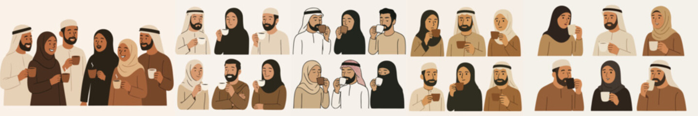 Vector set Middle Eastern people drinking coffee together illustration

