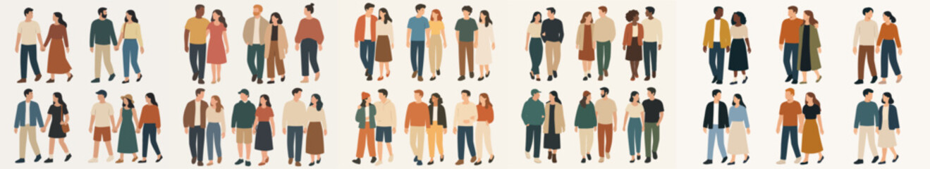 Obraz premium Vector Set Couples walking together in various outfits