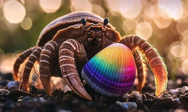 A hermit crab with a vibrant rainbow shell
