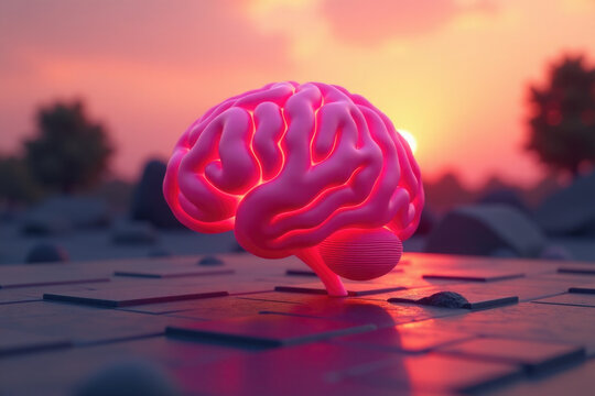 A detailed pink brain model sits atop a table, perfect for illustrating neuroscience concepts or highlighting the importance of mental health - Powered by Adobe